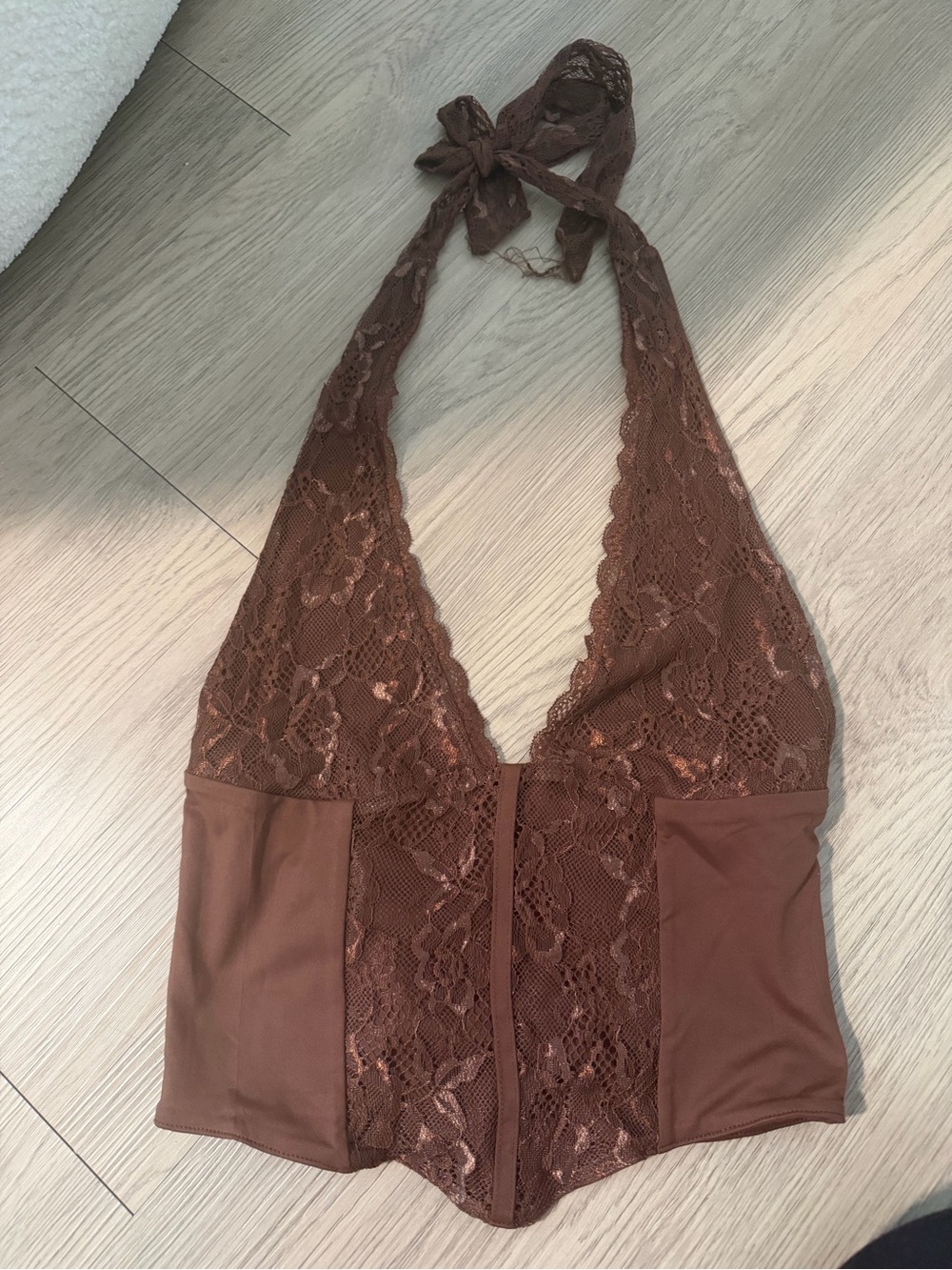Brown Lace Halter Bodysuit